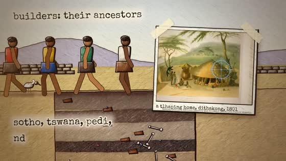 Film still: people walking past a dug trench, with a taped 1801 painting of a Tlhaping home